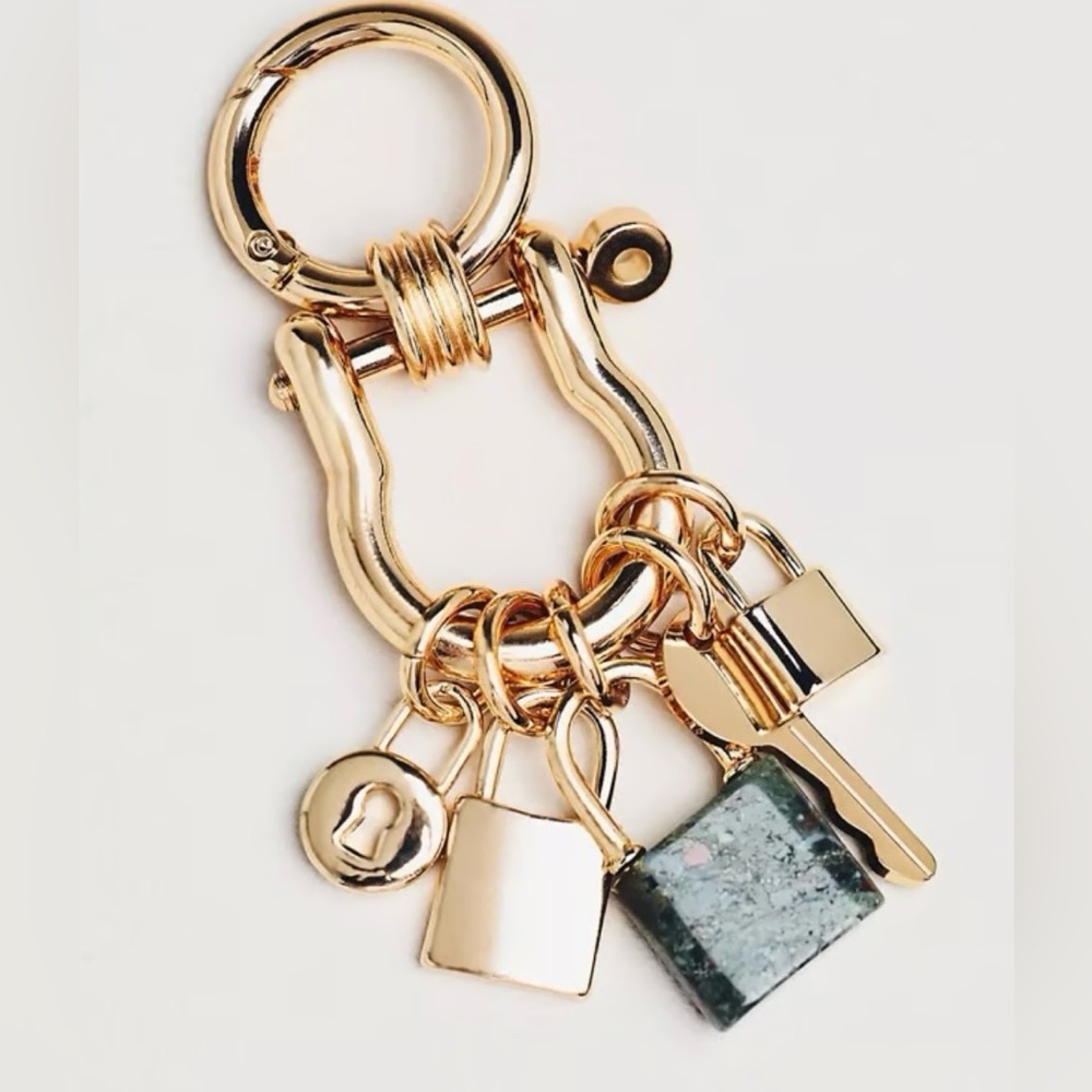 Anthropologie Gold Tone Keychain with Green Stone Charm